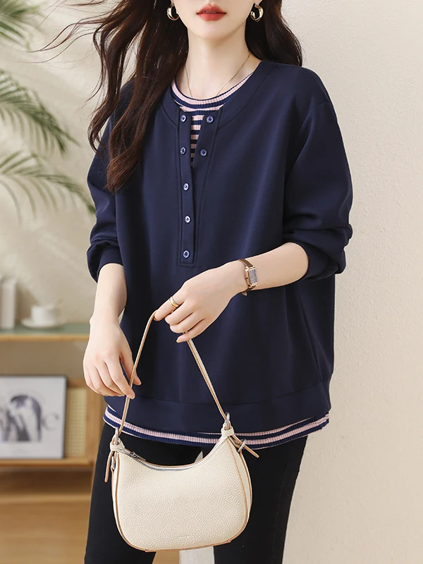 Casual Stripe Patchwork Loose Long Sve round Ne Sweatirt plus Size Women's Faion Autumn New Sle Versatile Top