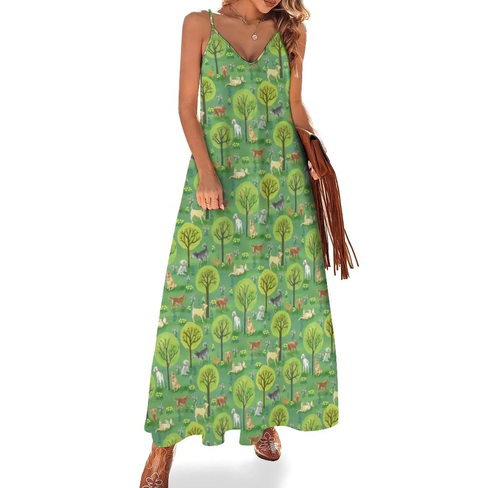 

Dog Park Days with Dogs, Cats, Squirrels, Trees and Flowers Sleeveless Dress Female clothing Women's summer skirt