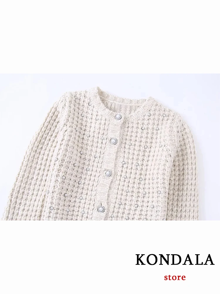 KONDALA Vintage Knitted Diamond Tassel Cardigans Women Long Sleeve Pearl Buttons Loose Sweaters Female Fashion 2022 Autumn Tops