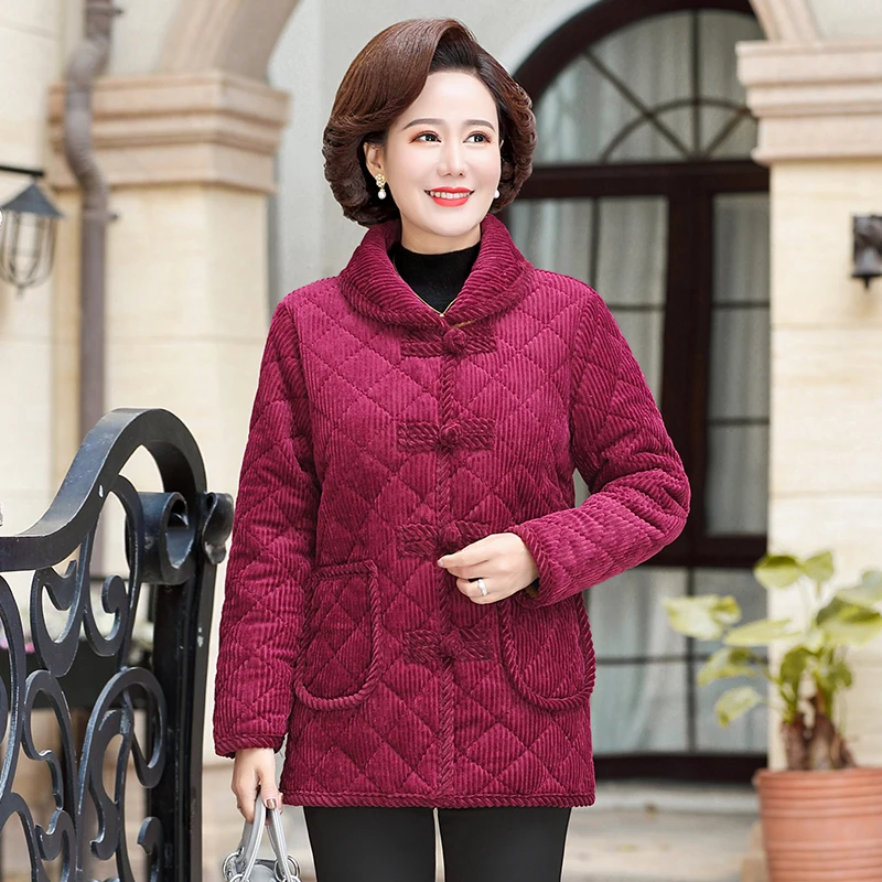 Casual Plus Velvet Thicken Coat Women  Middle Aged Mother Winter Jacket Cotton Padded Grandma Parkas  plus size women clothing