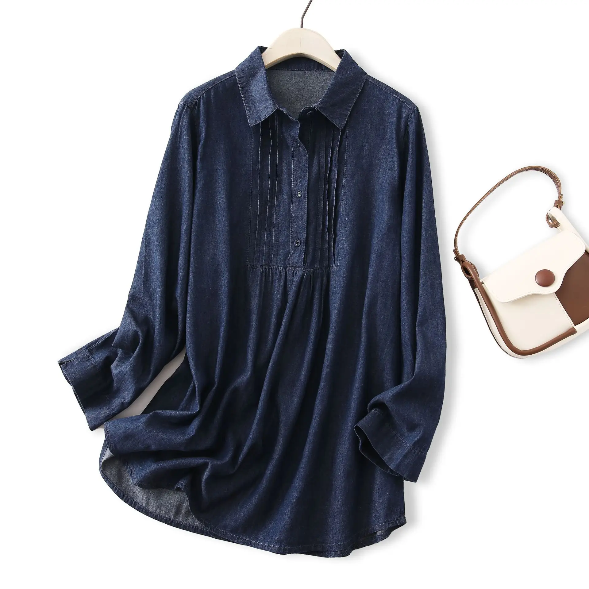 New 2025 Autumn Long Sleeve Denim Shirt, Women Turn-down Collar Folds, Mori Girl French Retro Versatile Loose Blouse T59949CC