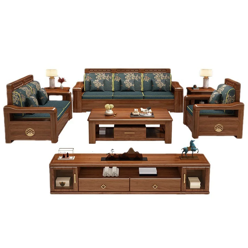 New Chinese style walnut solid wood sofa combination, modern and minimalist storage, household living room, style furniture