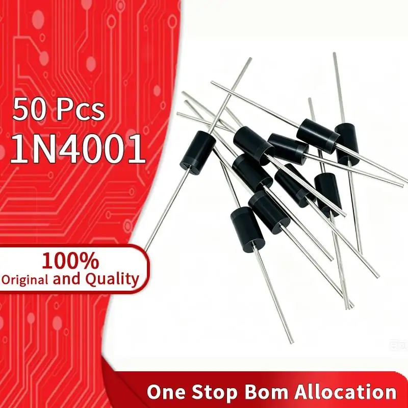 50 Pcs 1N4001 Rectifier Diode DO-41 50V 1A Axial Component General Purpose For Current Blocking Main Control Circuit Board Diode