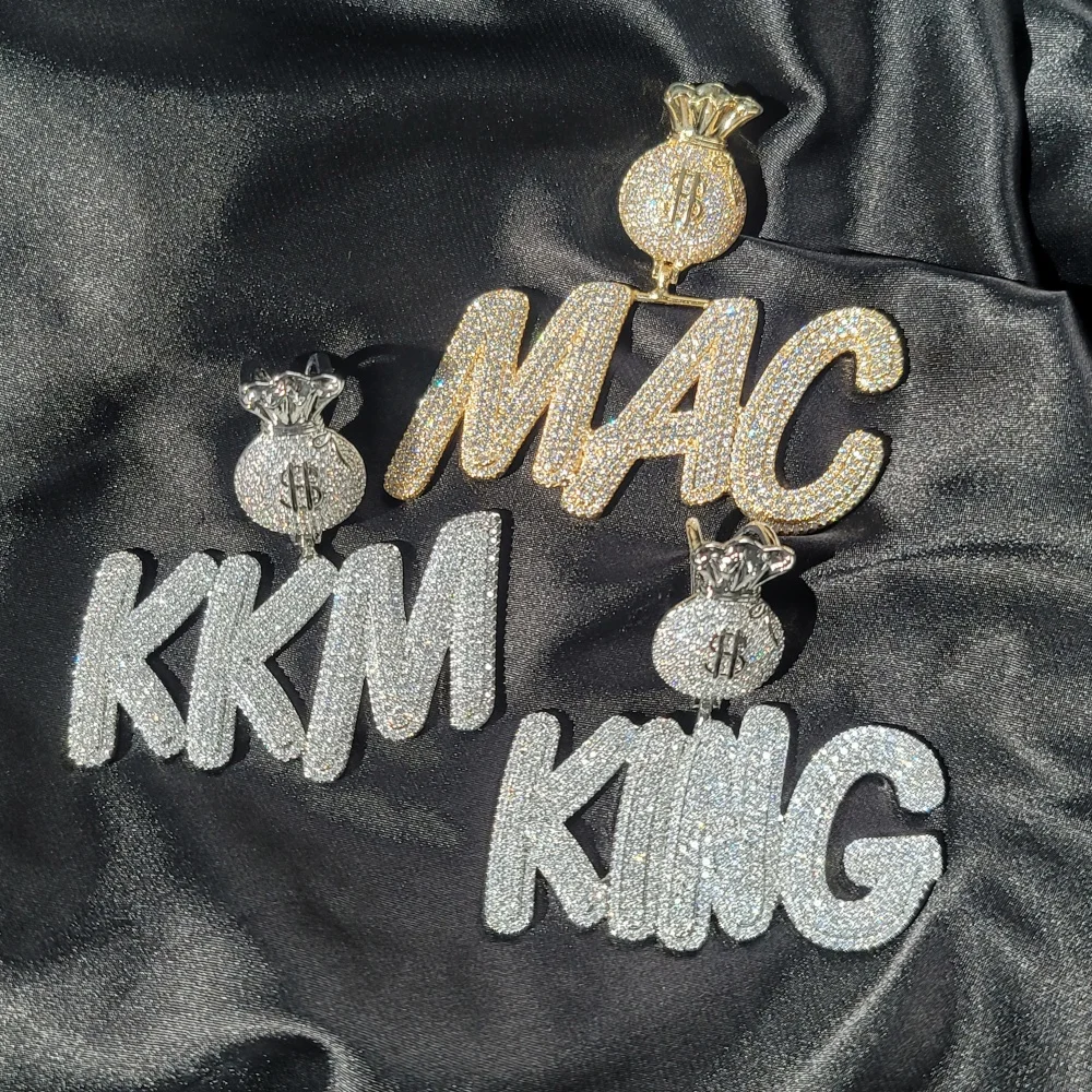 

ICECHARMI Handwritten Letter Custom Name Chain Money Bag Clasp Full Iced Out CZ Prong Setting Pendant Hiphop Jewelry Choker