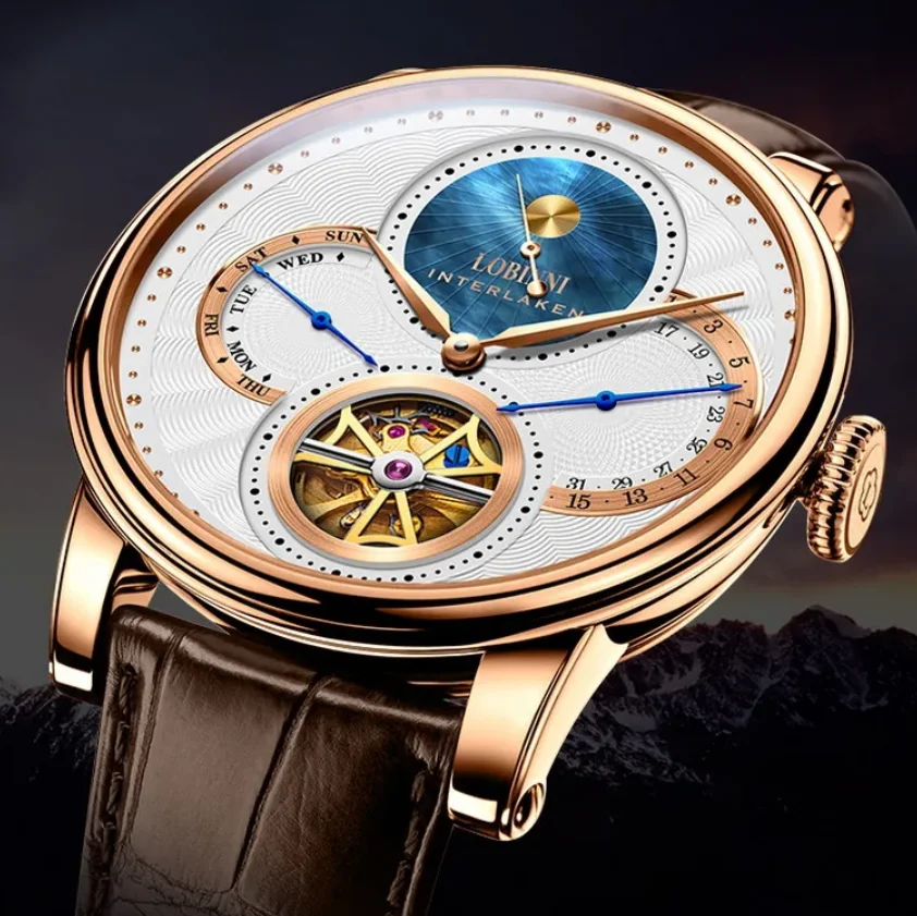 

LOBINNI Мужские автоматические часы 42 мм Механические наручные часы с сапфировым стеклом Скелет с несколькими циферблатами Неделя Дата 24 часа