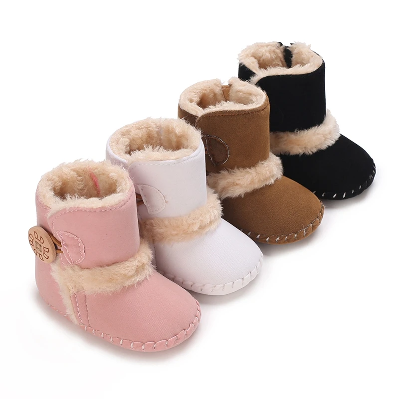 Fuzzy Patchwork Surface Snow Boots, Soft Sole, Anti-Skid, Fecho de Botão, Sapatos para Meninos e Meninas Infantis, Velo, Inverno, 0-18M