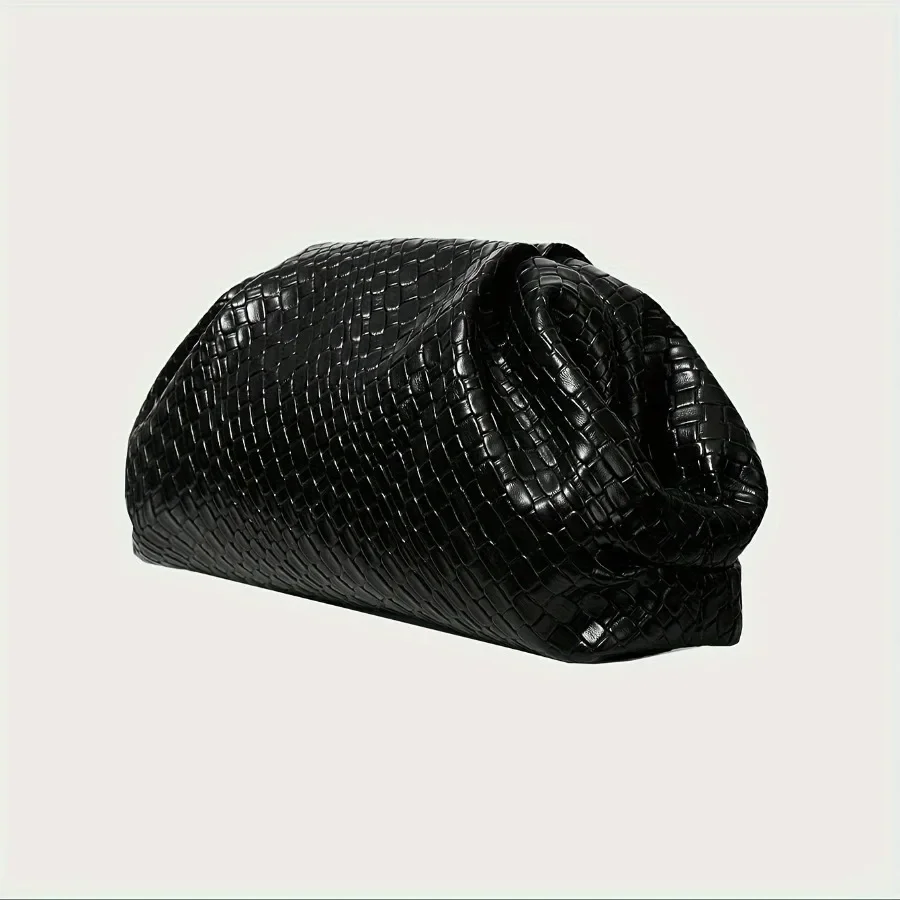 

Elegant Weave Textured Ladies Clutch Bag - Adjustable Strap and Clasp Closure, Premium Pure Black Dinner Bag for Weddings