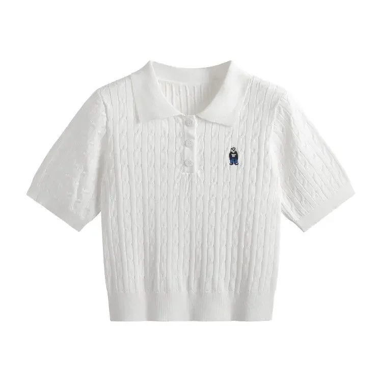 Design Sensation Summer Short Knitted Polo Shirt Bear Twist Embroidery Slim Fit Shoulder Polo Women's Short Sleeve T-shirt