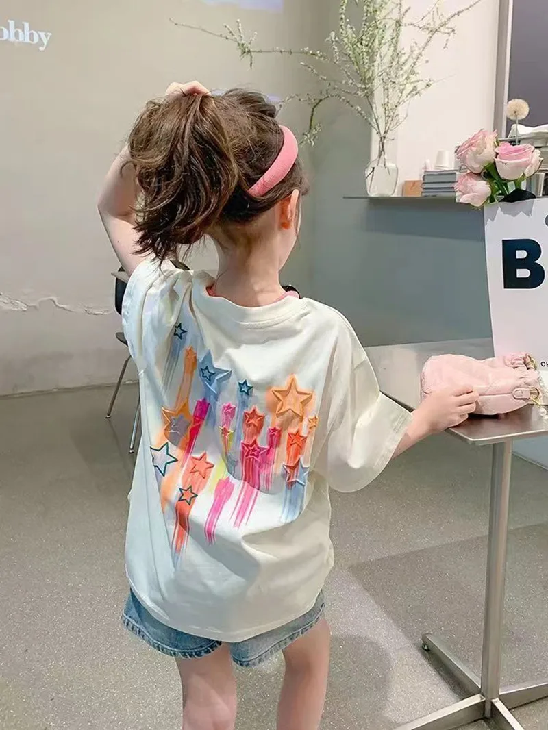 Korean Version Kids Girls New 2023 Childrens Anime Cartoon Pure Cotton Baby Girl Short Sleeved T-shirt Childrens Top