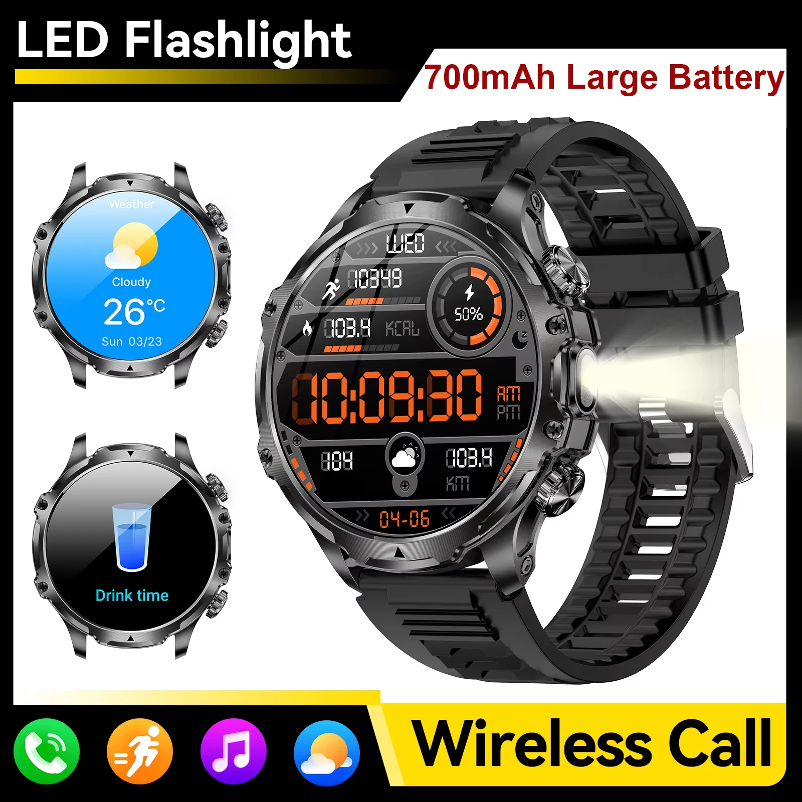 

2026 New 1.9inch Men Smart Watch LED Flashlight Outdoors Sports Fitness Tracker 700mah Large Battery Waterproof Call Smartwatch