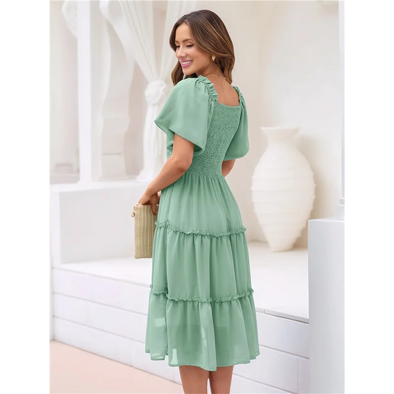 AOAO-Women's Summer Casual Flutter Sleeve Square Neck Smocked Midi Dress