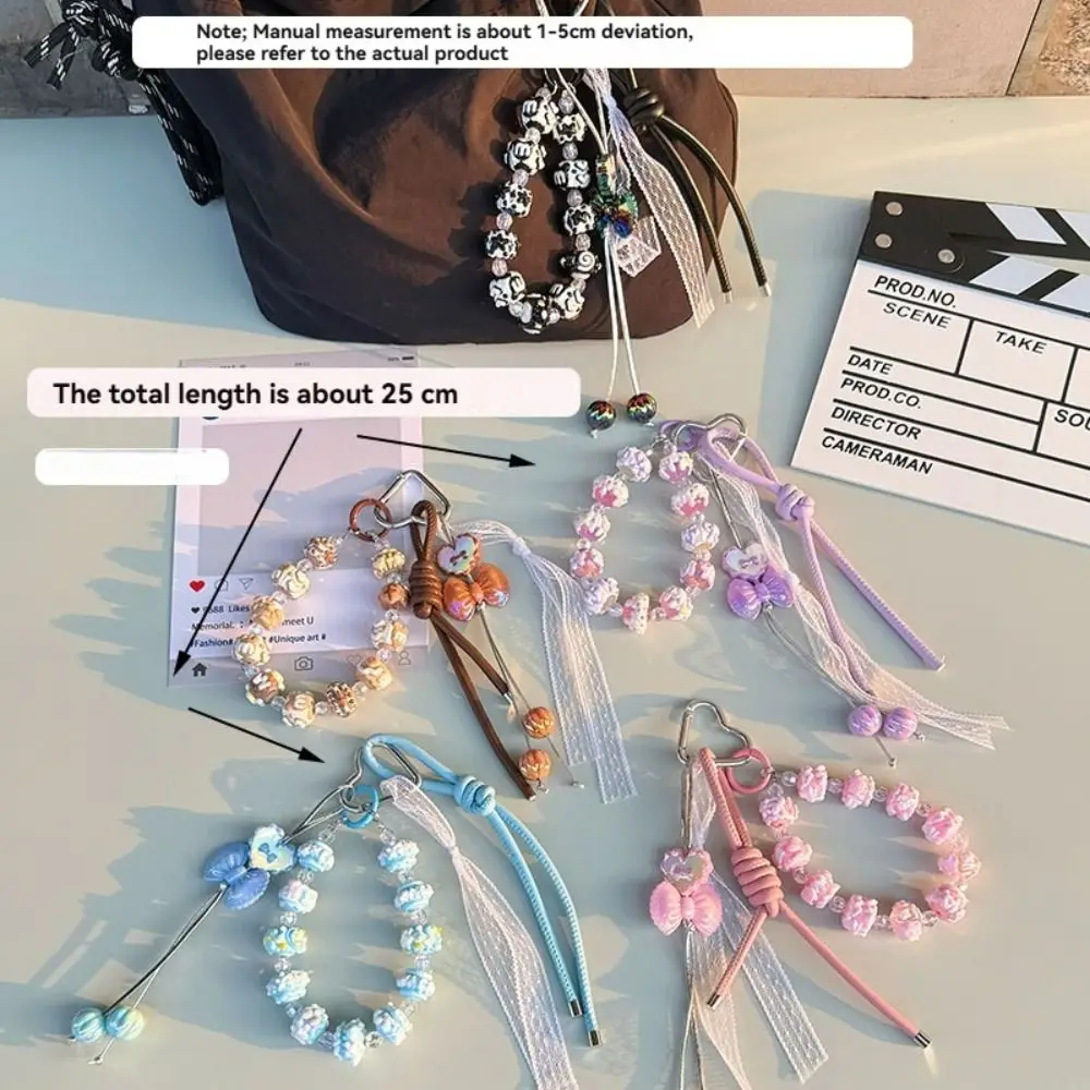 Fashion Bowknot Leather Rope Keychain Hand-painted Beaded Mobile Phone Lanyard Y2K Rope Bag Charms Gifts