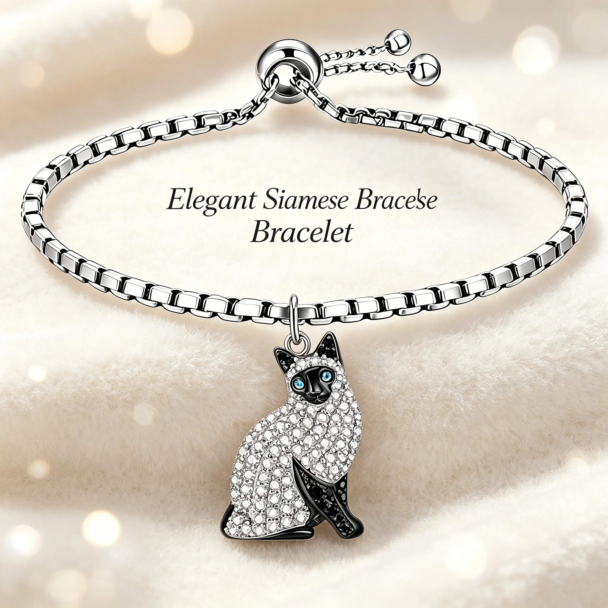 Silvery Zinc Alloy Elegant Siamese Cat Adjustable Bracelet Clear & Blue Faux Crystal Animal Cat Lover Jewelry Gift