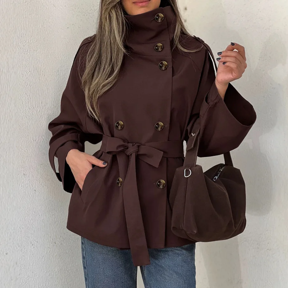 Women Trench Coats Solid Jackets Lace Up Pocket Turtleneck Long Sleeves Double Breasted Loose Casual Office 2026 Autumn Winter