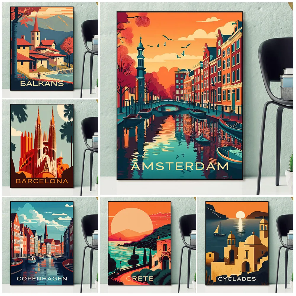 Crete,Istanbul,Barcelona City Architecture Scenery Art Poster Print   Amsterdam Travel Poster Wall Painting Home Decor Unframed