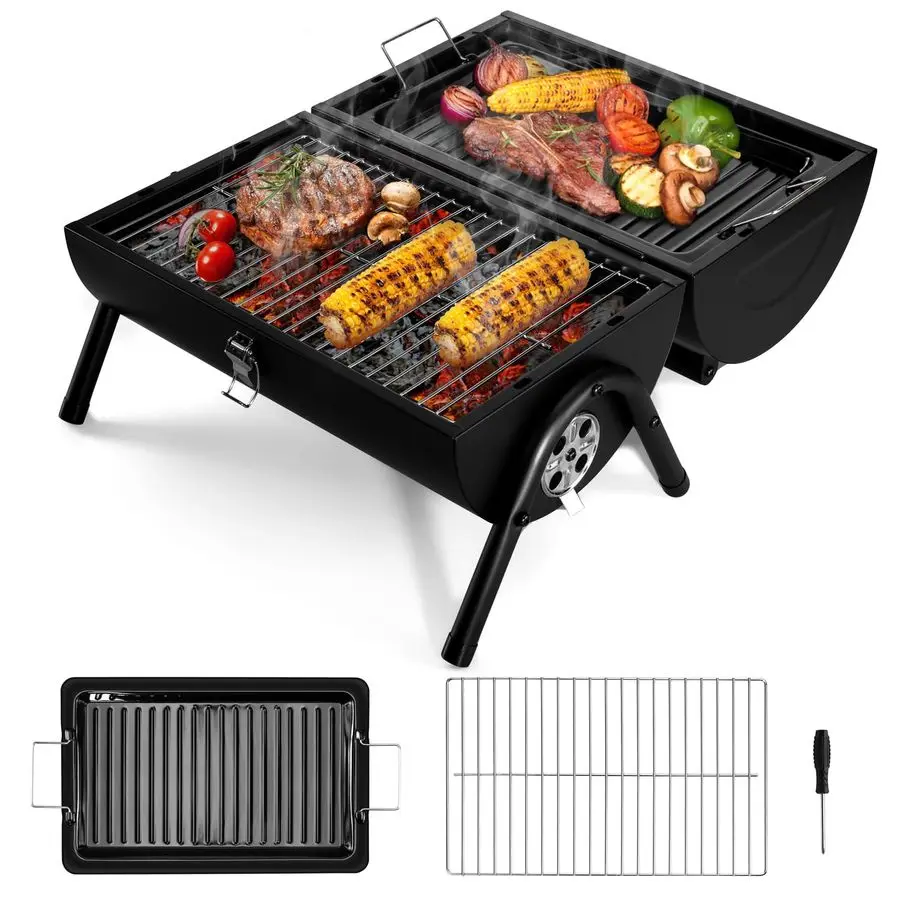 

Portable Charcoal Grill, Outdoor Barbecue Folding Mini Smoker, Adjustable Small Tabletop Grill with Roasting Plate amp Grate, Tw