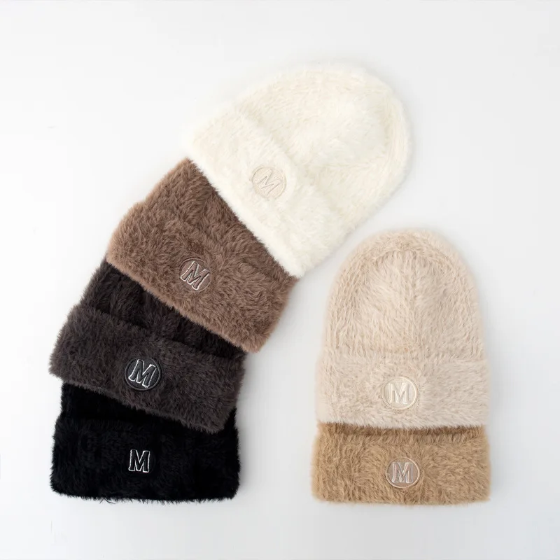 Autumn and winter new women\'s hat plush letters wool cap warm knitted cap padded caps solid color velvet cap