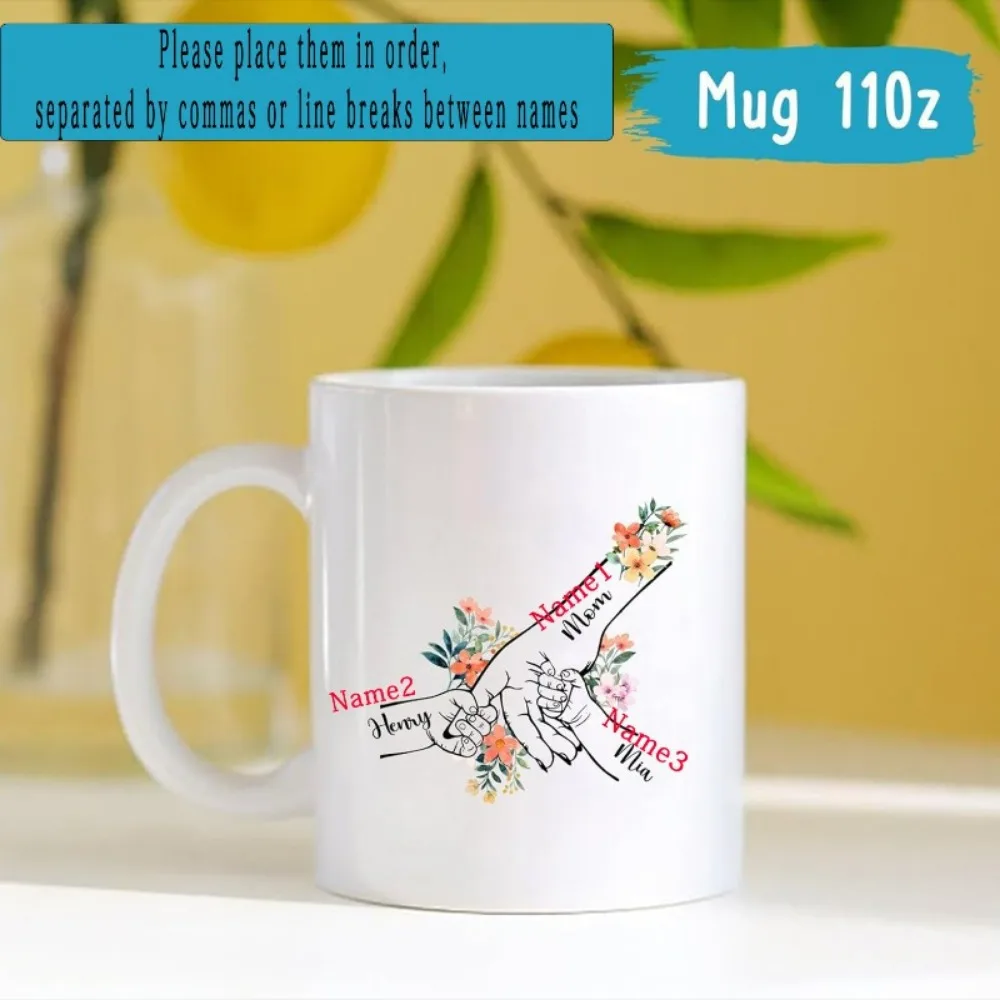 Custom Mother and Child Holding Hands 11 oz Ceramic Mug - Personalized Mother's Day Gift with Floral Design and Name Engraving