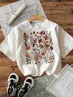 Art Design T Shirt Women'S Floral Graphic Print T-Shirt 100% Cotton Crew Neck Top Casual Short Sleeve for All Seasons