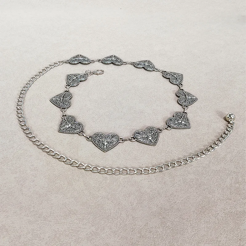 القوطية الفضة حزام على شكل سلسلة الإناث عاشق القلب الثور رئيس عملات فستان فاسق حزام فاخر مصمم أحزمة للنساء Y2K حزام البنطال الجينز #6