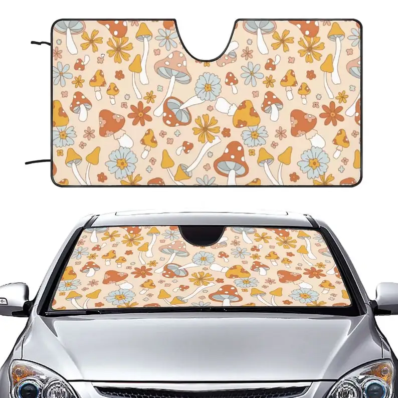 Parasole per auto con foto di fiori di funghi, parabrezza e parasole dal design divertente, regalo per la decorazione dello schermo dell'auto