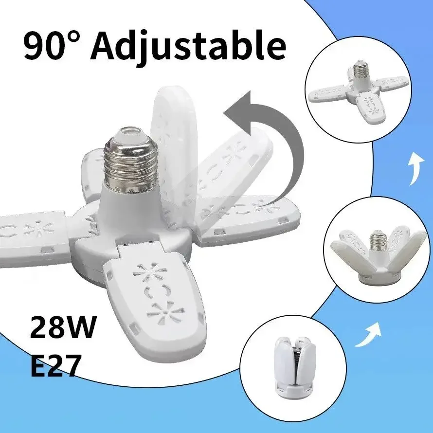 

E27 Foldable LED Bulb 28W AC 220V Adjustable Fan-Shaped Ceiling Light for Garage, Home, Living Room, Warehouse, Collapsible Lamp