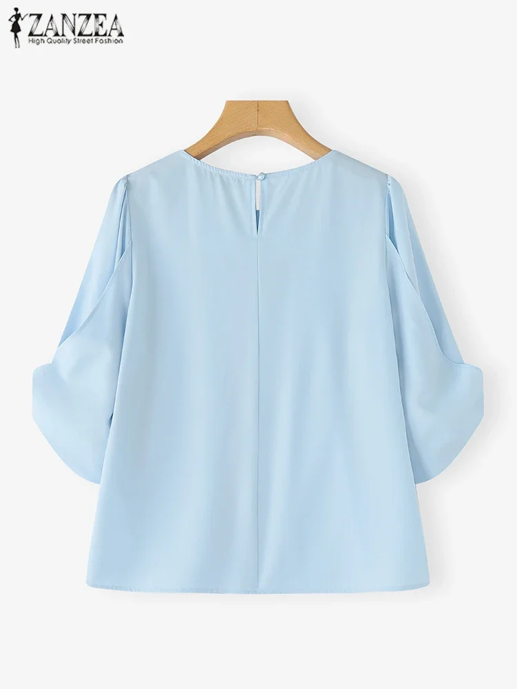 ZANZEA بلوزة صيفية قمصان شيفون عصرية 2025 قطع علوية أنيقة للمكتب للسيدات 3/4 أكمام منتفخة بلون سادة بلوزات حلوة بطيات