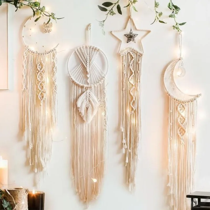 Cotton Thread Weaving Pendant, Star Moon Dream Catcher Pendant, Creative Home Wall Decoration Gift Girls Room Decor
