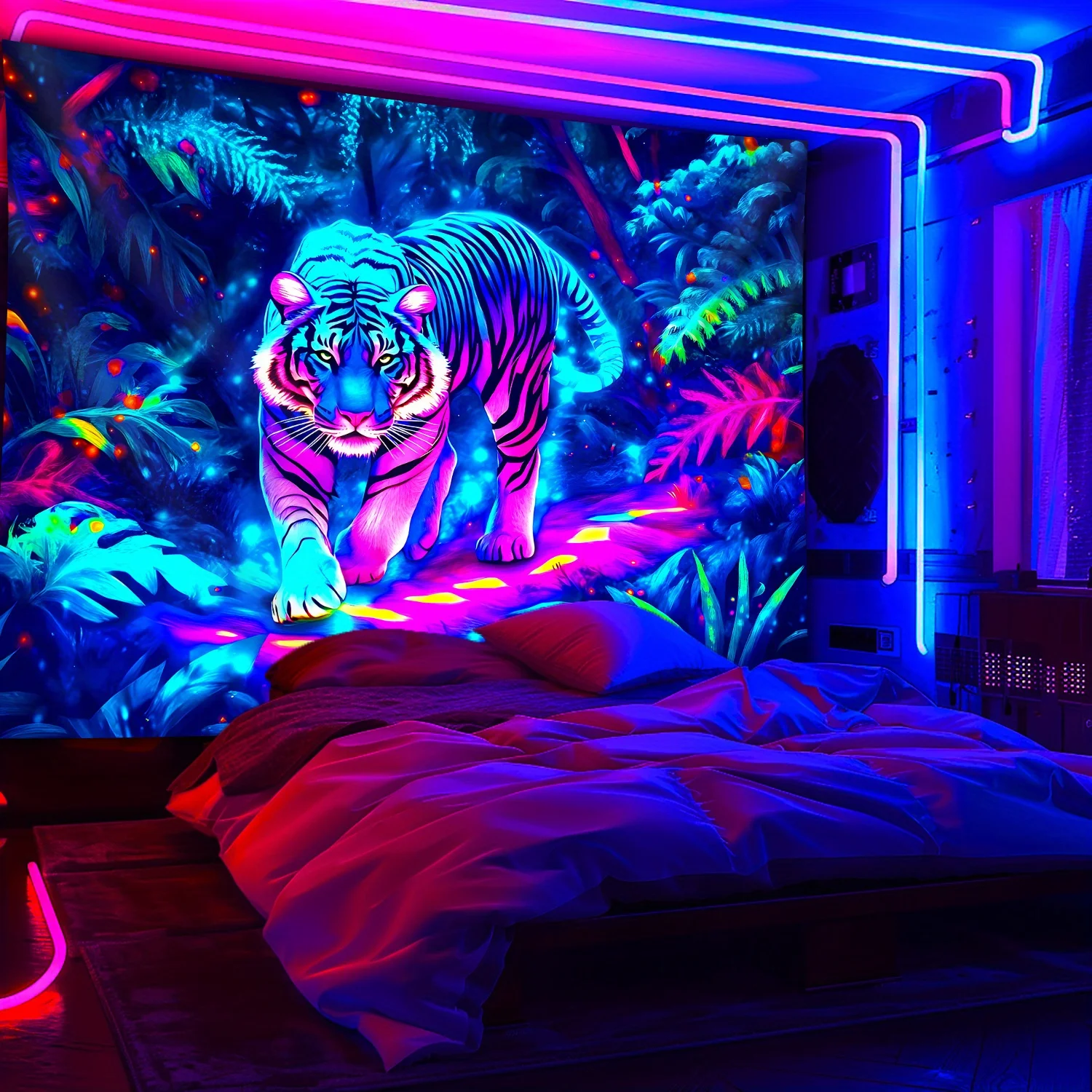 VIKAMA Reactive Neon Tiger Tapestry Psychedelic Jungle Animal Wall Hanging for Blacklight Bedroom Trippy Decor