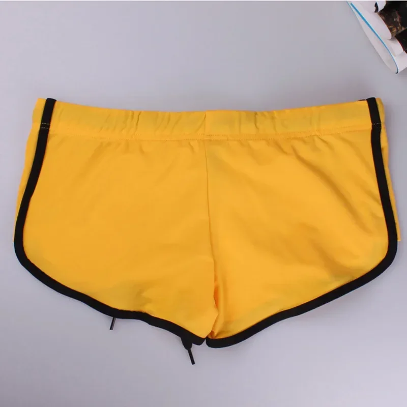 Men Swim Trunks Contrast Yellow Binding Drawstring Low Rise Quick Dry Sexy Beach Boxer Briefs Dual Purpose Underwear