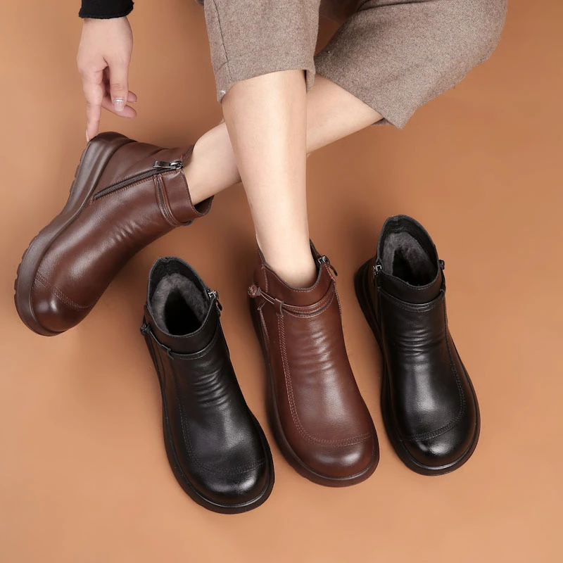 Damen Echtleder Weichsohlige Baumwollstiefel für Mütter, Neue Winterstiefel mit Fleece-Futter, Warme Kurzstiefel für Damen Mittleren Alters, Rutschfeste Stiefel für Ältere