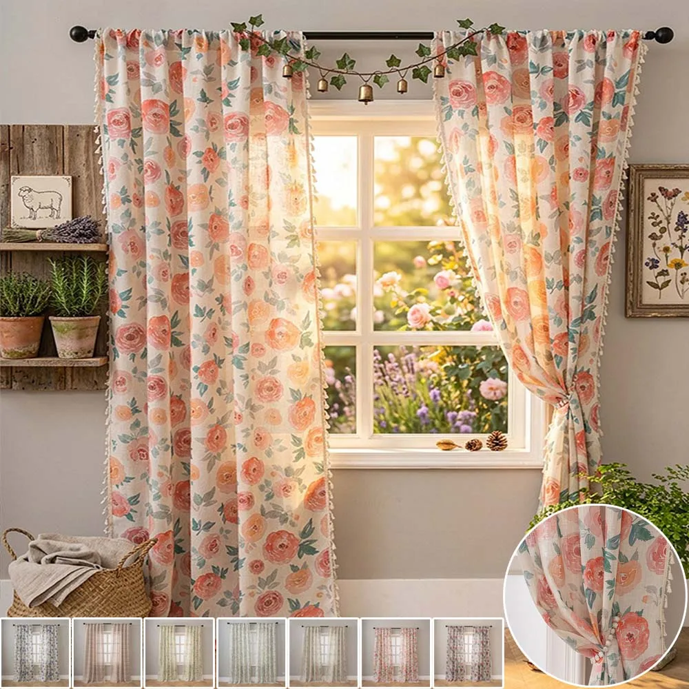Boho Floral Farmhouse Curtains for Living Room Semi Blackout Window Drapes with Tassel Decor Rod Pocket Curtain Panels Firanki