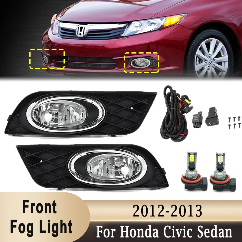 LED Front Bumper Fog Light Assembly For Honda Civic Sedan 2012-2013 White Driving Lamp with Switch + Wire Harness + Bezel