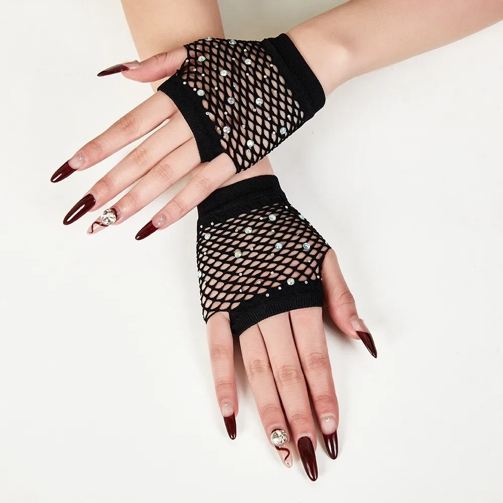 Shiny Decor Rhinestone Gloves Sexy Style Fishnet Design Fingerless Gloves Female Gloves Cosplay Gloves Hollowed-out Gloves