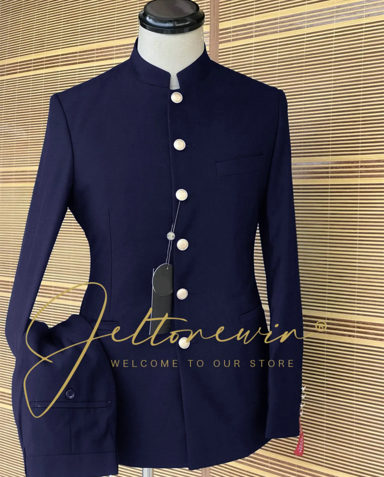 

Stand Collar Navy Blue Suits For Men 2 Piece Slim Fit Blazer Sets Gold Buttons Wedding Groom Formal Outfits Tuxedo Tailor Made