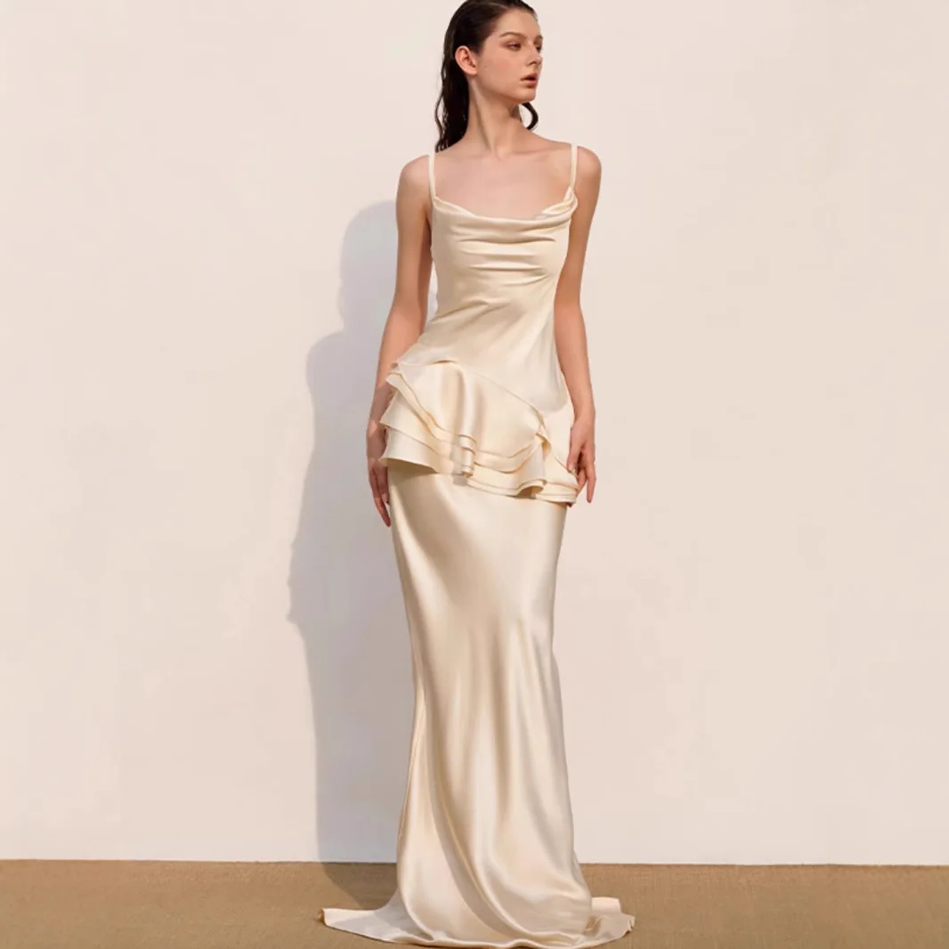 Damen-Luxus-Designer-Kleider für formelle Anlässe, Spaghettiträger, Rüschen, Geburtstagskleid für Frauen, 2022, sexy, figurbetont, solide Ballkleider