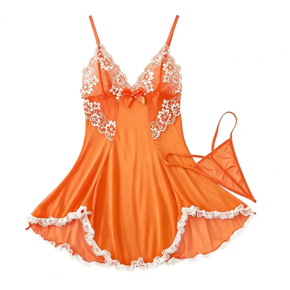 Plus Size Sexy Women Nightdress Pajamas, V Neck Lace Sheer Mesh Nightgown With Thong, Spaghetti Strap Slip Dress Pajamas
