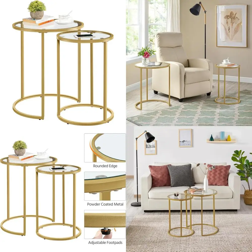 

Round Nesting Side Tables, Set of 2 - Stackable Coffee Tables with Metal Frame, Tempered Glass Top, and Protection