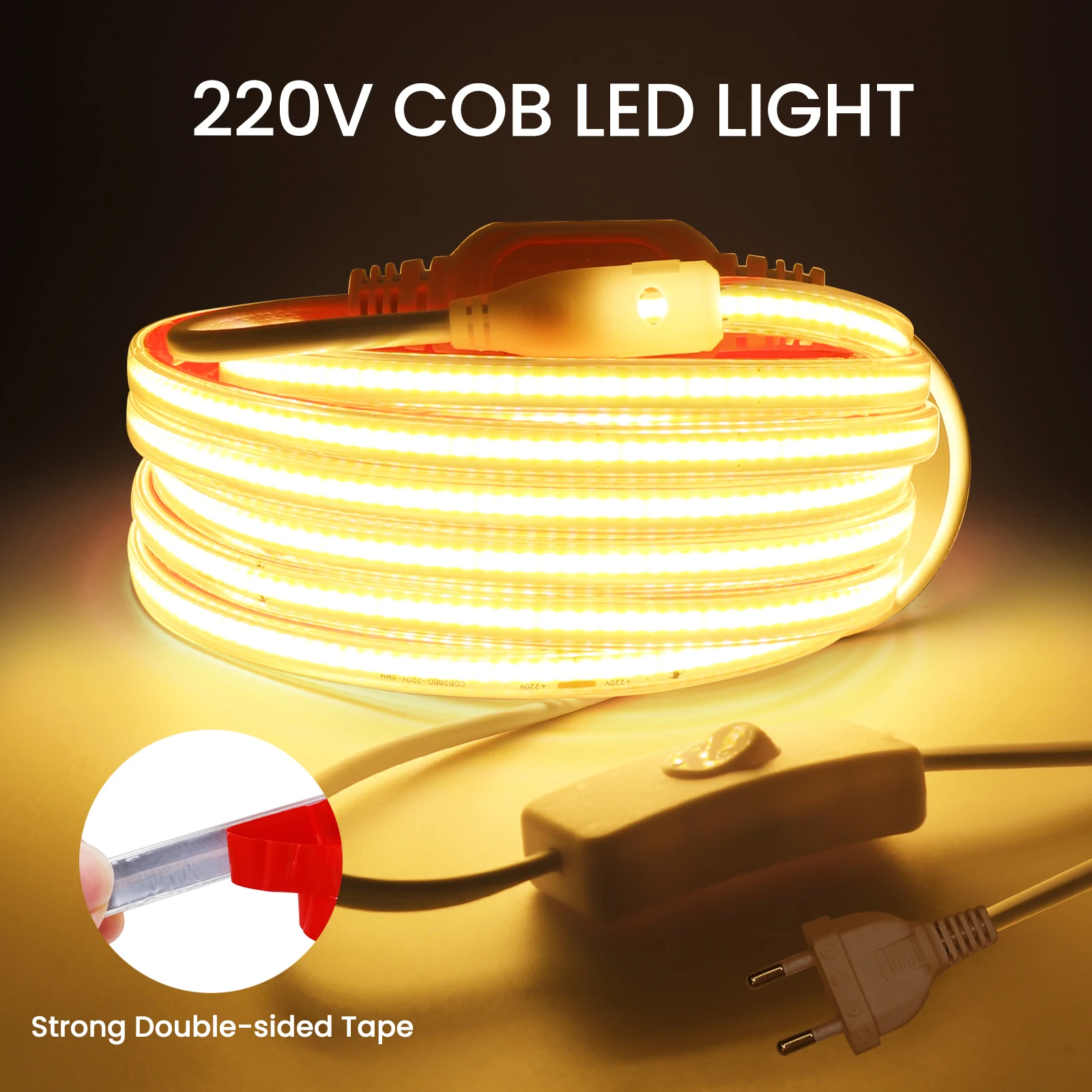 

LED Strip 220V Adhesive High Brightness 288LEDs/m COB Light Strip Waterproof Flexible COB Led Tape 0.5M 5M 10M 20M 30M 40M