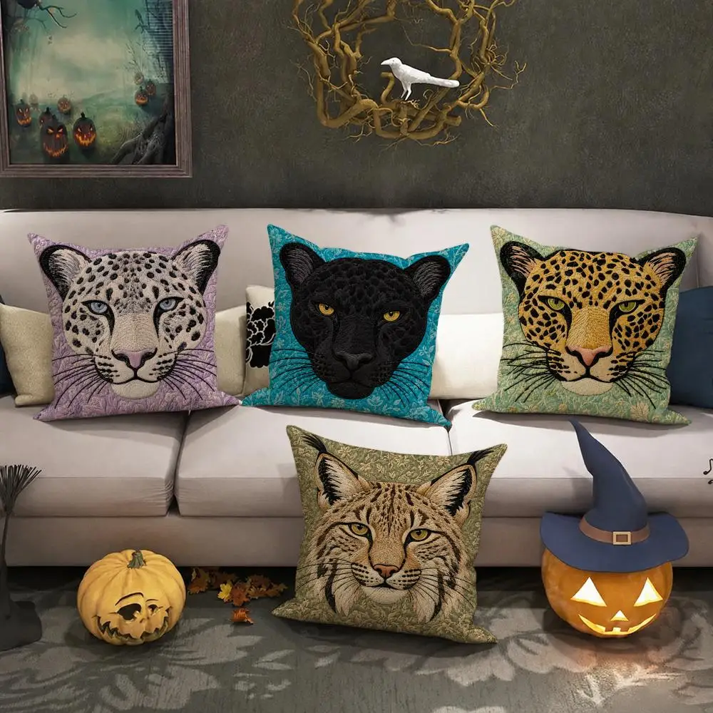 Vintage Wild Cat Portrait Cushion Cover Halloween decoration trick or treat cushion cover, ghost, pumpkin head, bat decoration