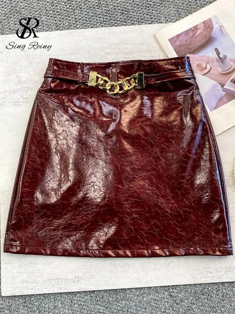 PU Leather Bodycon Skirt Autumn Retro Texture High Waist Slim Zipper Design Ladies Metal Chain Sexy Club Flirty Skirt