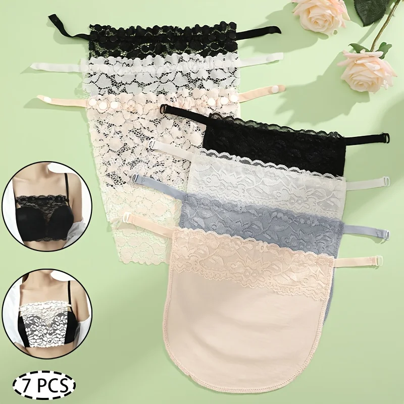 7 Pieces of Women's Solid Color Anti-Exposure Lace Stitching Bra Liner, Seamless Cover, No Show Design Bra Liner