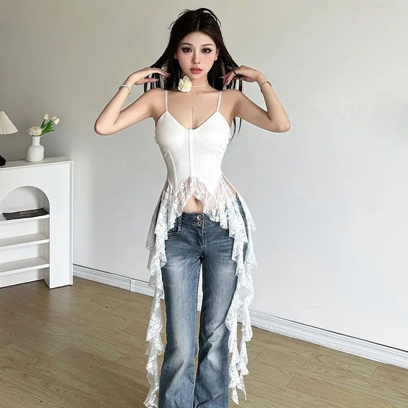2026 Summer Fashion New Women's Elegant Suspender Design Sense Spicy Girl Irregular Ruffle Edge Slim Fit Versatile Top