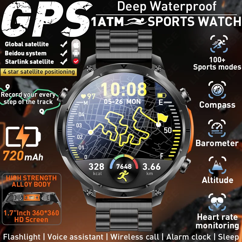 

LIGE GPS Sports Smart Watch For Men 1.7" HD Display Built-in GPS Flashlight Compass Altimeter Bluetooth Phone Calls Smartwatch
