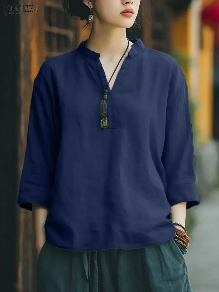 

Fashion Blouse ZANZEA Women Vintage Shirts Casual Solid Tunic Tops Loose Work 3/4 Sleeve V-Neck Elegant Office Lady Blusas 2025