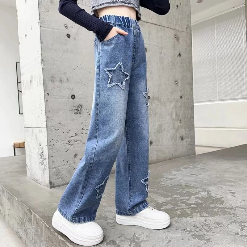 Girls Wide Leg Jeans Autumn 2026 Kids Straight Denim Pants Children Casual Loose Trousers Fall Fashion