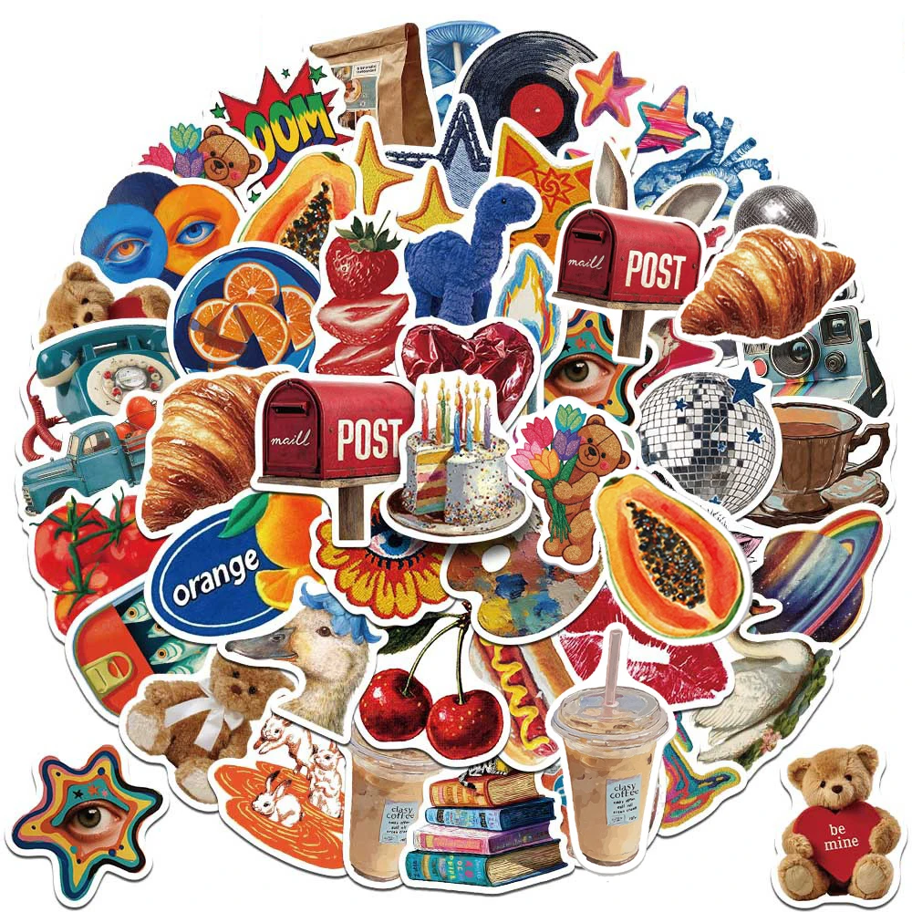 10/30/50pcs Colorful Vintage Aesthetic Stickers INS Y2K Style Cartoon Decal DIY Skateboarding Phone Phone Cute Cartoon Sticker