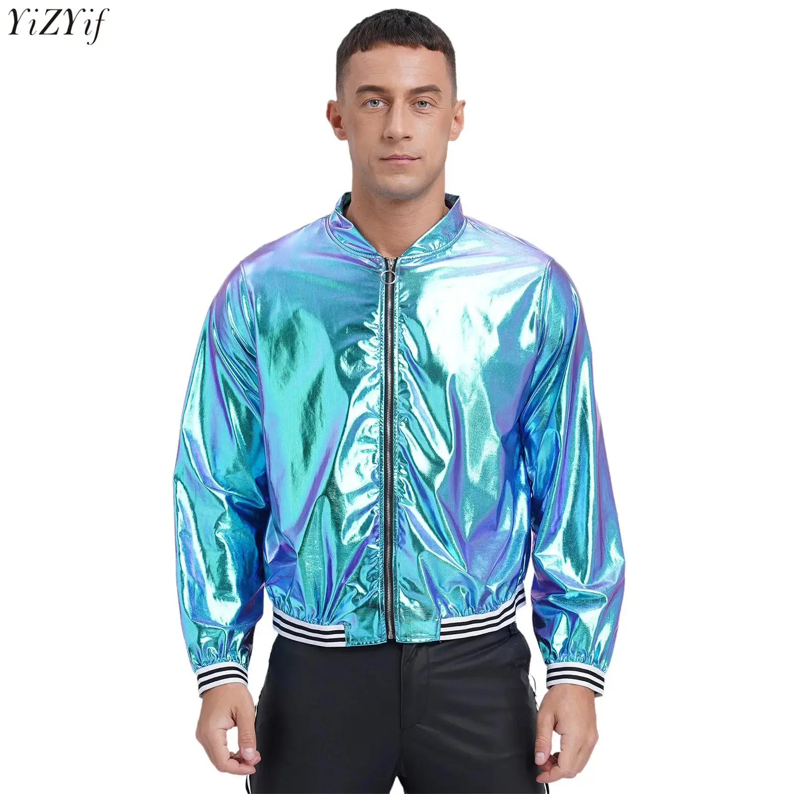 

Men's Bomber Jacket Metallic Shiny Long Sleeve Zipper Striped Band Outerwear Baseball Jacket Coat Stylish Street Look Clubwear