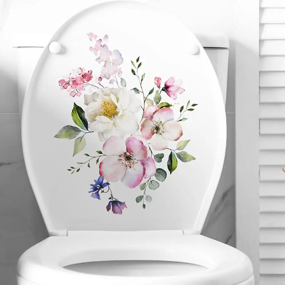 Toilet Lid Sticker Strong Stickiness PVC Waterproof Easy-peel Flower Theme Toilet Seat Decal Restroom Art Decoration Bathroom