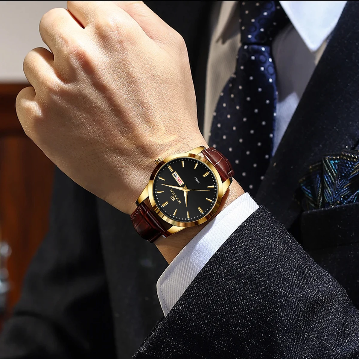 VA VOOM Classic Men Watch Week Quartz Movement Black Leather 3Bar Waterproof Military Style Sports Clock Business Dress Watches